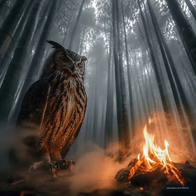 Owl perched near fire in bamboo forest at dusk