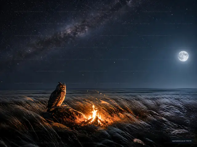 Owl perched near a small fire under the night sky
