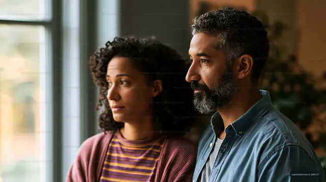 Couple standing together by the window in a cozy indoor space