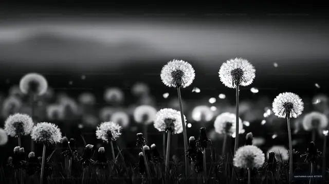 Dandelions in a field during sunset with blowing seeds