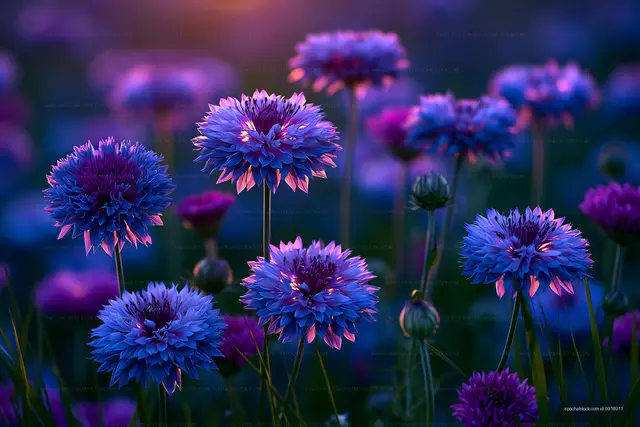 Colorful flowers blooming in a garden at sunset