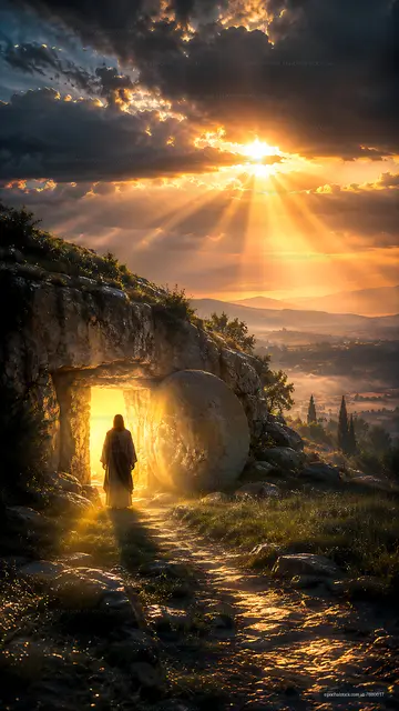 Light shines from the tomb at sunset with a figure standing outside
