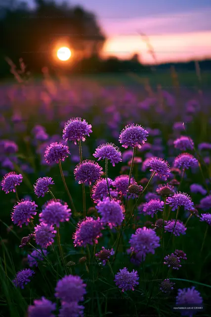 Sunset over a field of purple flowers with soft lighting