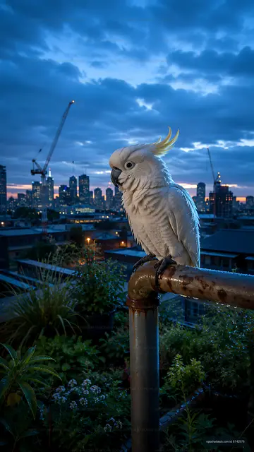 Cockatoo perched on a railing with city skyline at twilight