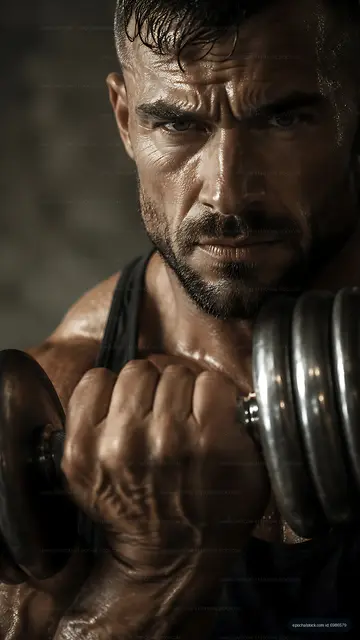 Muscular man lifting dumbbell in a gym