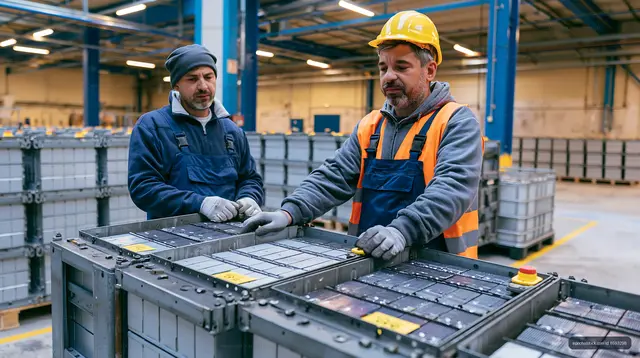 Workers examining battery storage in a warehouse