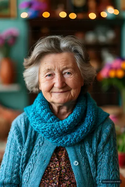 Smiling elderly woman with gray hair and blue scarf indoors