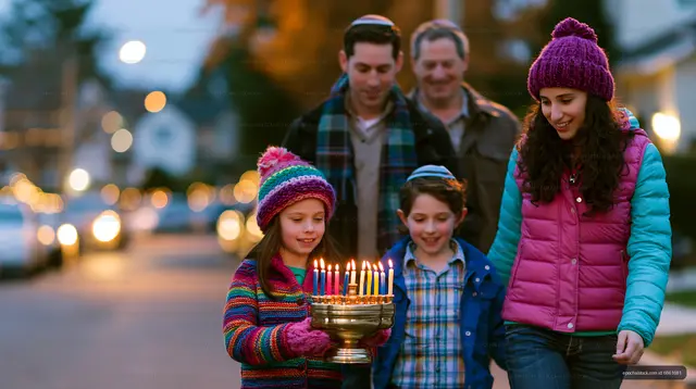Family celebrates together during Hanukkah on a festive evening