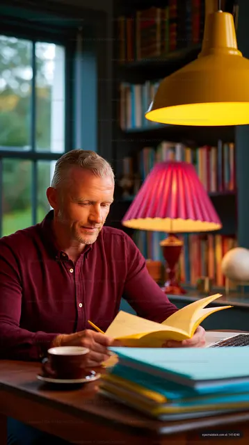 Man reading a book at a table in a cozy indoor setting