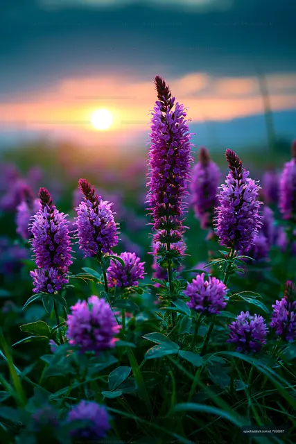 Sunset over purple flowers in a field