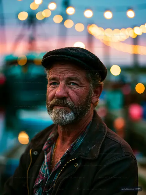 Man with beard and cap at a festive outdoor gathering