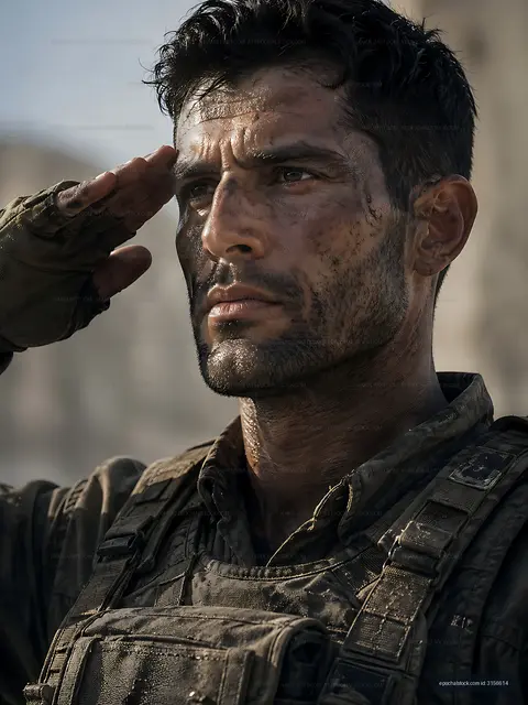 Soldier saluting with dirt on face in military uniform