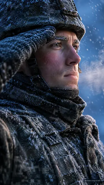 Soldier saluting in snowy environment during winter