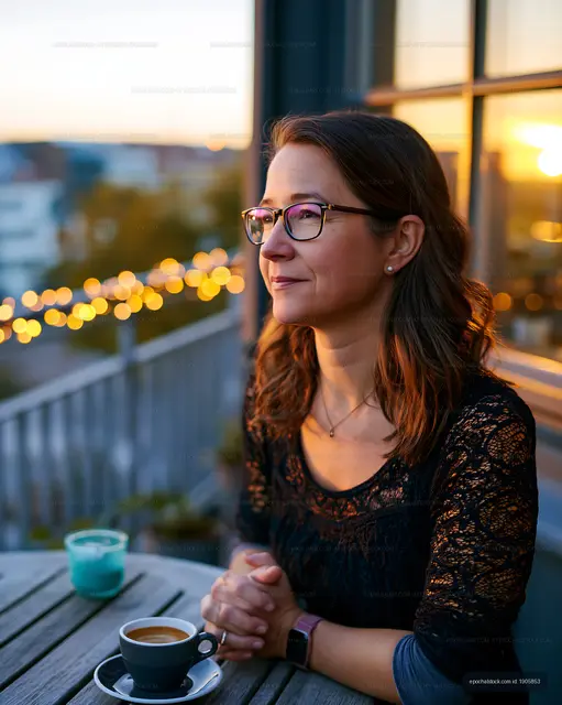Woman enjoys coffee at sunset on a balcony with lights in background