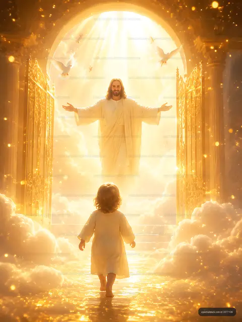 Child walking towards figure in light at open golden gates