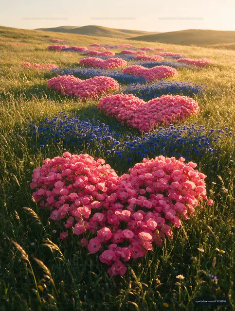 Heart-shaped flower formations in a green field