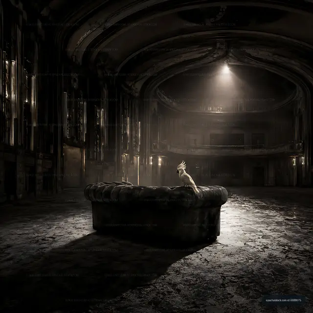 Abandoned theater with a sofa and birds in soft light