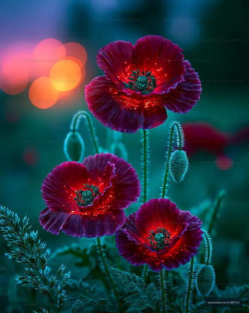 Bright red poppy flowers with evening light in the background