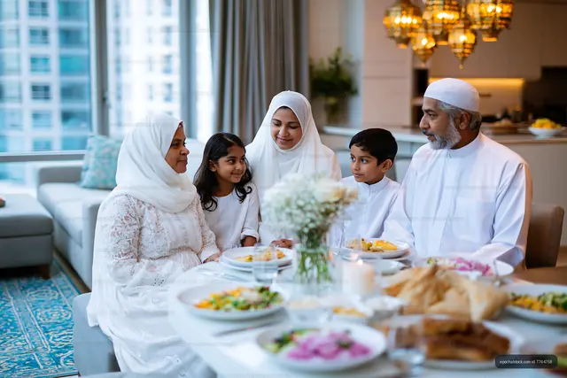 Family gathering around the table enjoying a meal in a modern home