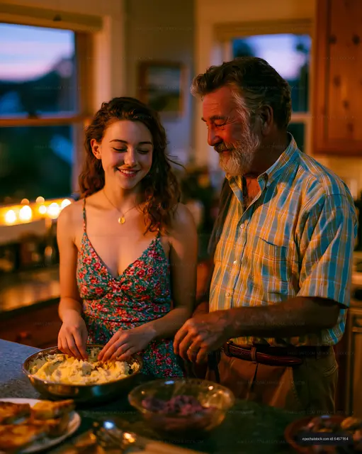 Cooking together in a kitchen during sunset