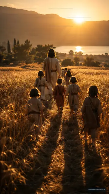 Children walking with a man at sunset near a river