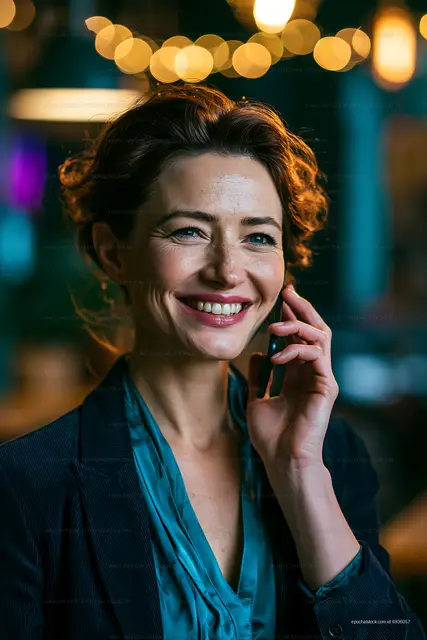 Smiling woman talking on the phone in a dimly lit setting