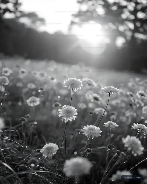 Flowers in a field at sunset with morning dew