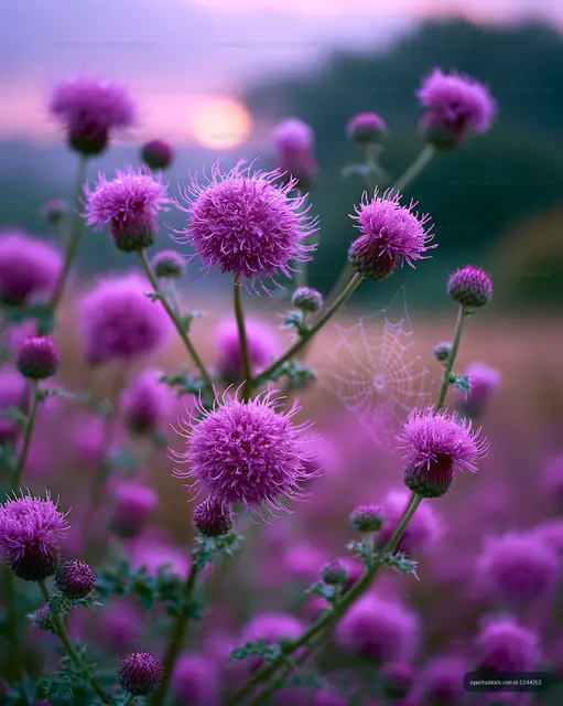 Purple thistle flowers in a field at sunset