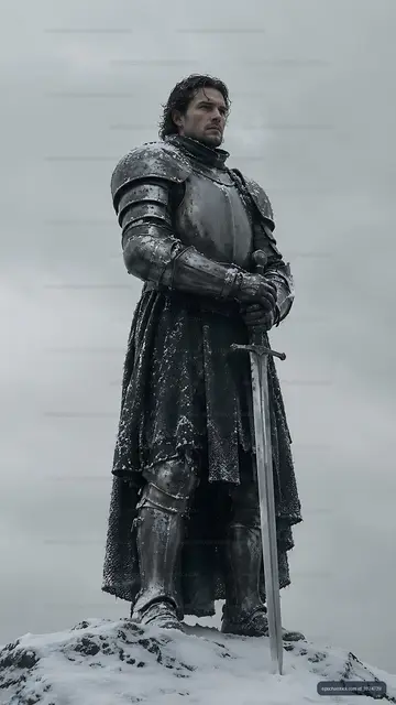 Knight statue stands on rocky ground under cloudy sky