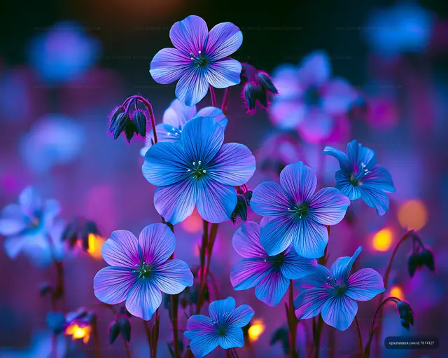 Colorful flowers under low light in a garden