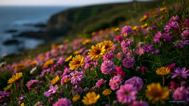 Colorful wildflowers on coastal hillside at sunset