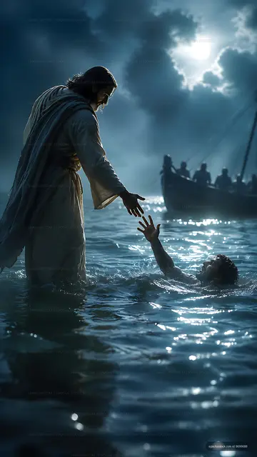 Man reaching for help from Jesus in dark waters