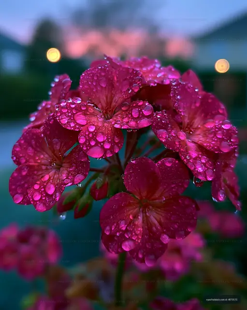 Pink flowers covered in droplets after rain at dusk