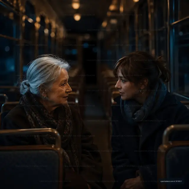 Two women talk on a bus at night