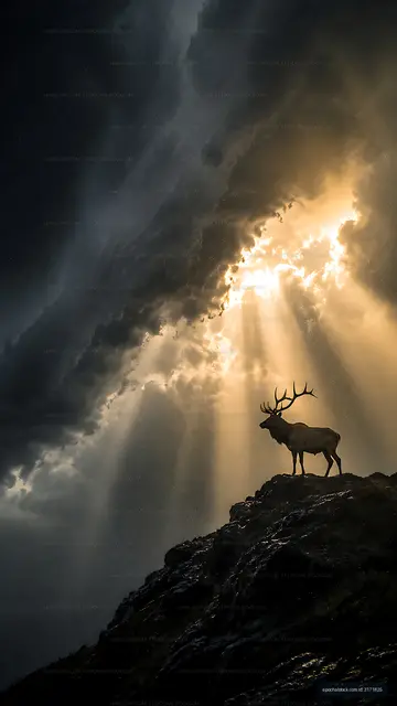 Silhouette of a deer on a rocky hill under dramatic clouds