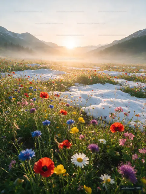 Sunrise over wildflower field with snow in mountains