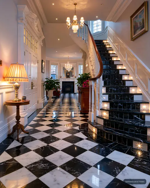 Elegant hallway with marble floors and a staircase