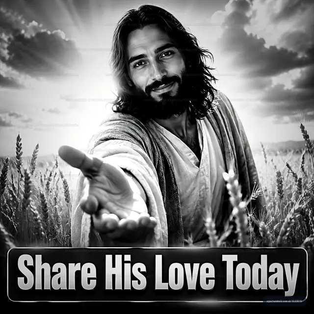 Man extending hand in field with message about love