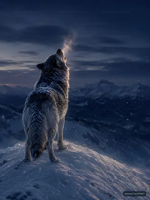 Wolf howling in the snowy mountains at dusk