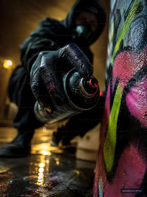 Person spray painting a colorful mural on a street wall at night
