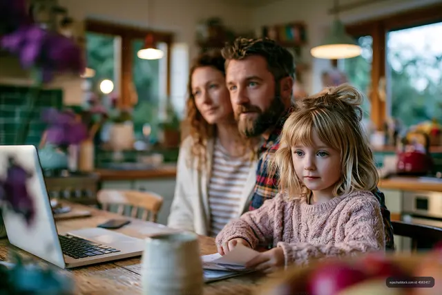 Family sitting together at a kitchen table with a laptop