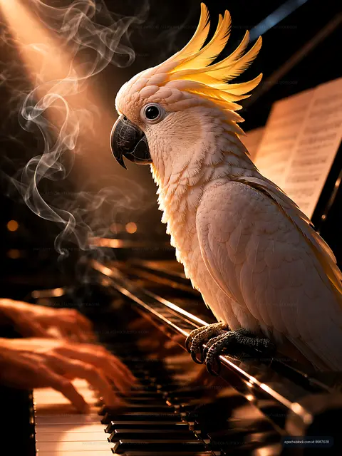 Cockatoo perched on piano as musician plays in dim light