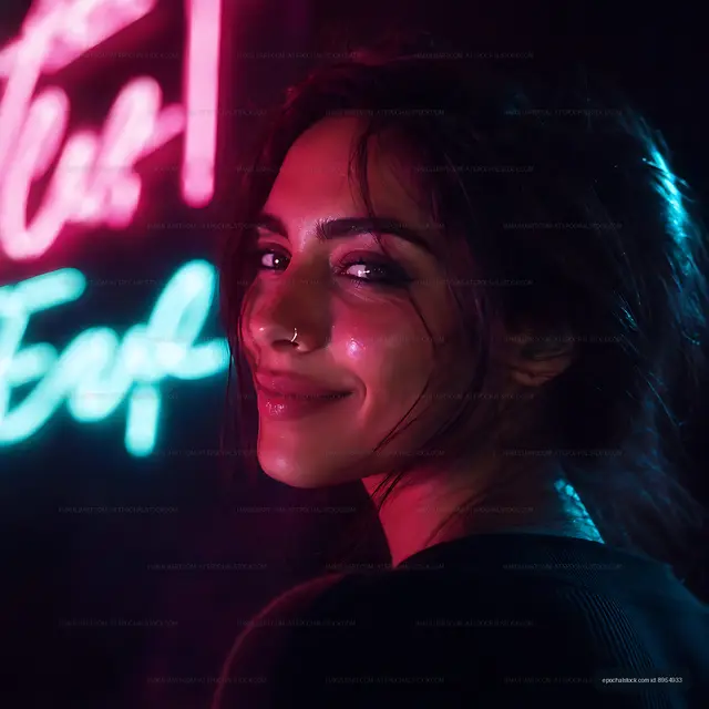 Woman smiling in front of neon lights at night