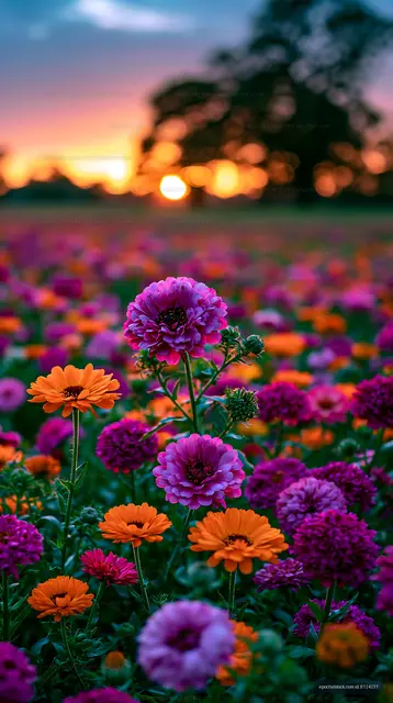 Colorful flowers in a field at sunset