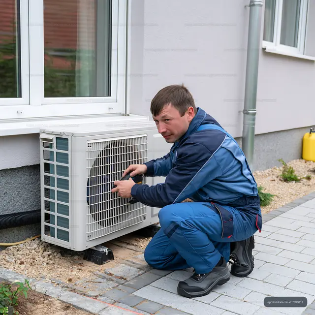 Technician working on outdoor air conditioning unit
