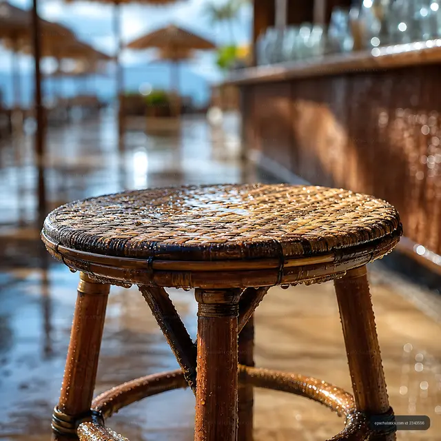 Wet wooden stool near beach bar on sunny day