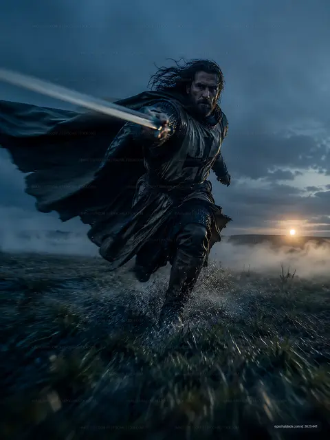 Warrior running with sword at sunset
