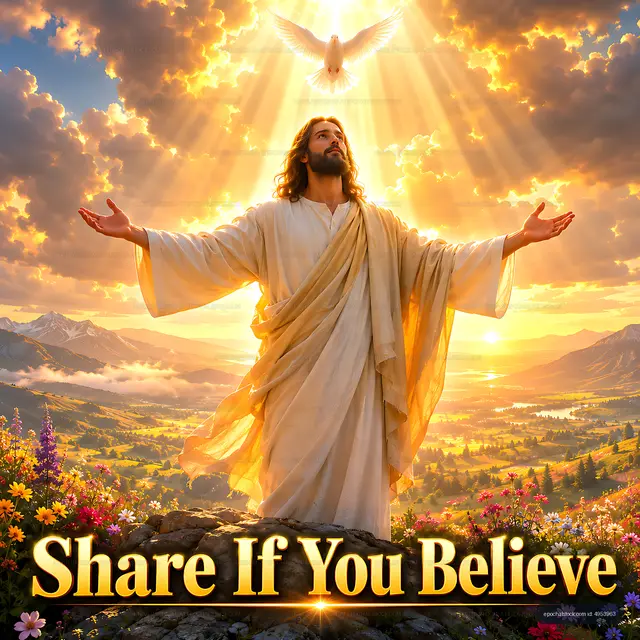 Jesus with open arms and dove in a bright sky over a landscape