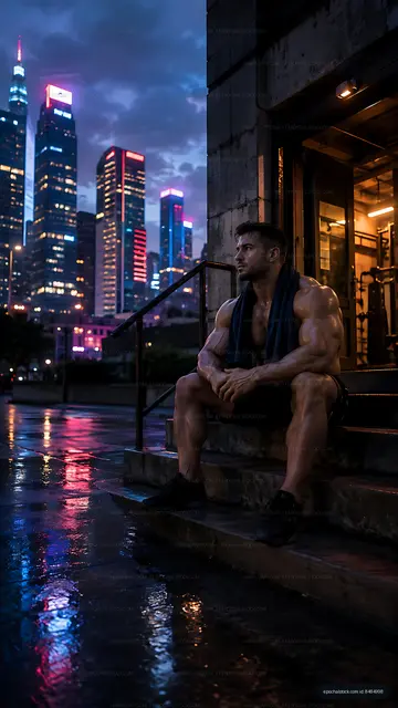 Muscular man resting outside gym after workout in city