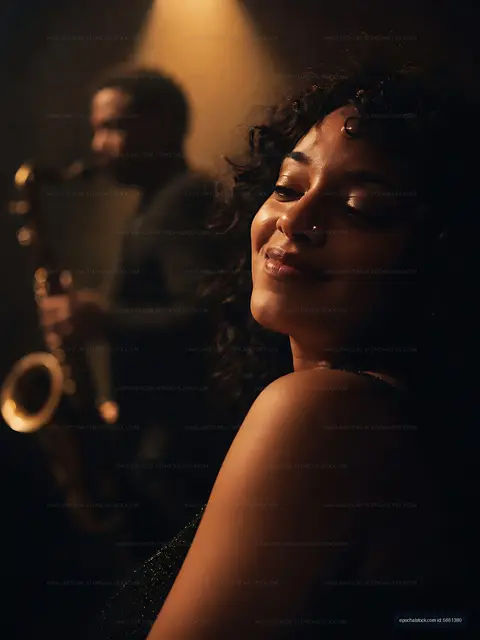 Woman enjoying live music performance in a dimly lit venue